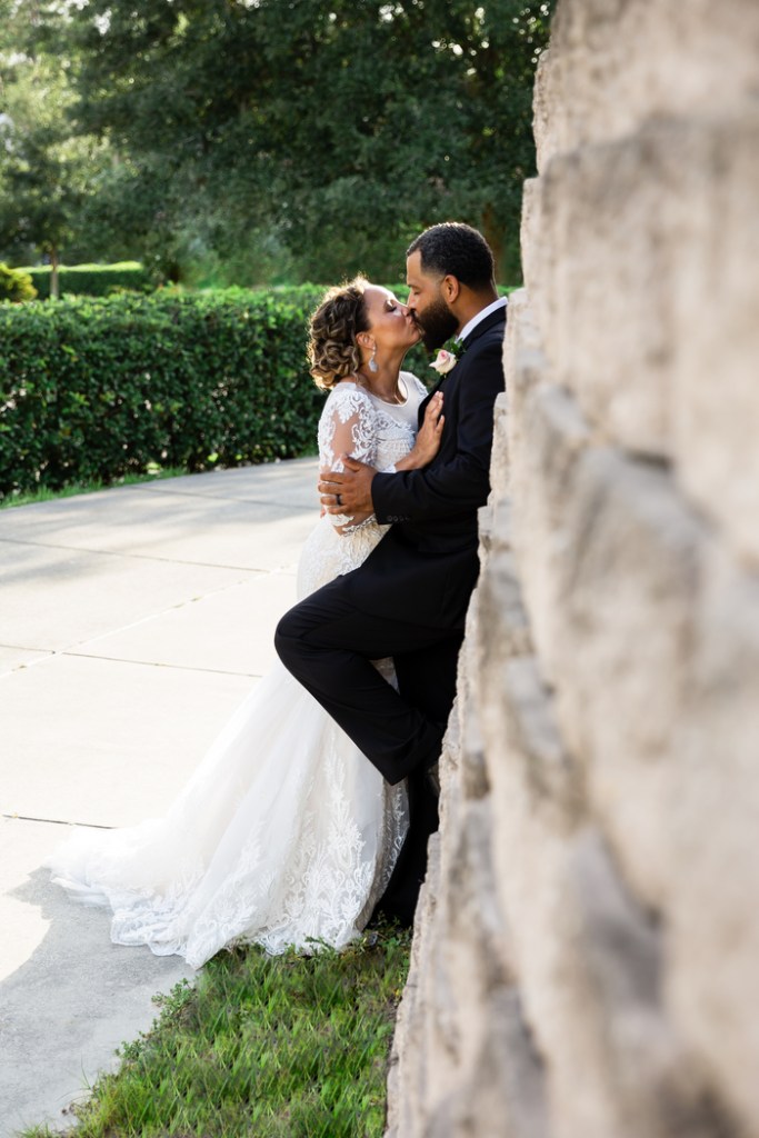 bride and groom outside